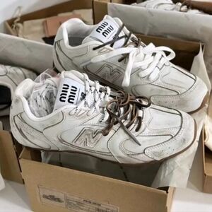 Miu Miu x New Balance White Leather Sneakers with Gum Sole